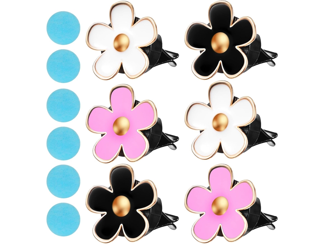 Conjunto de 6 clipes decorativos para carro em liga metálica, com formato de flor.