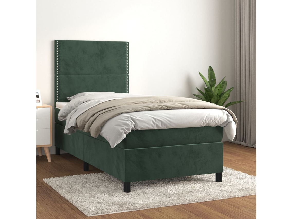 Cama Com Molas/colchão 100x200 Cm Veludo Verde-escuro