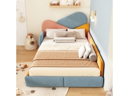 Cama Infantil Estofada 140x200 Cm, Cama De Casal Com Grades Laterais Elevadas, Design Patchwork, Estrado De Ripas De Madeira, Veludo