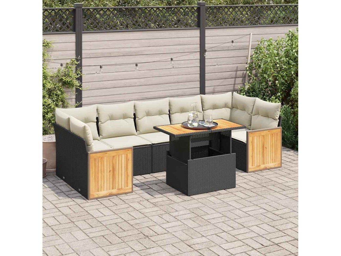 Vidaxl 8 Pcs Conjunto Sofás Jardim Com Almofadões Vime Pe/acácia Preto