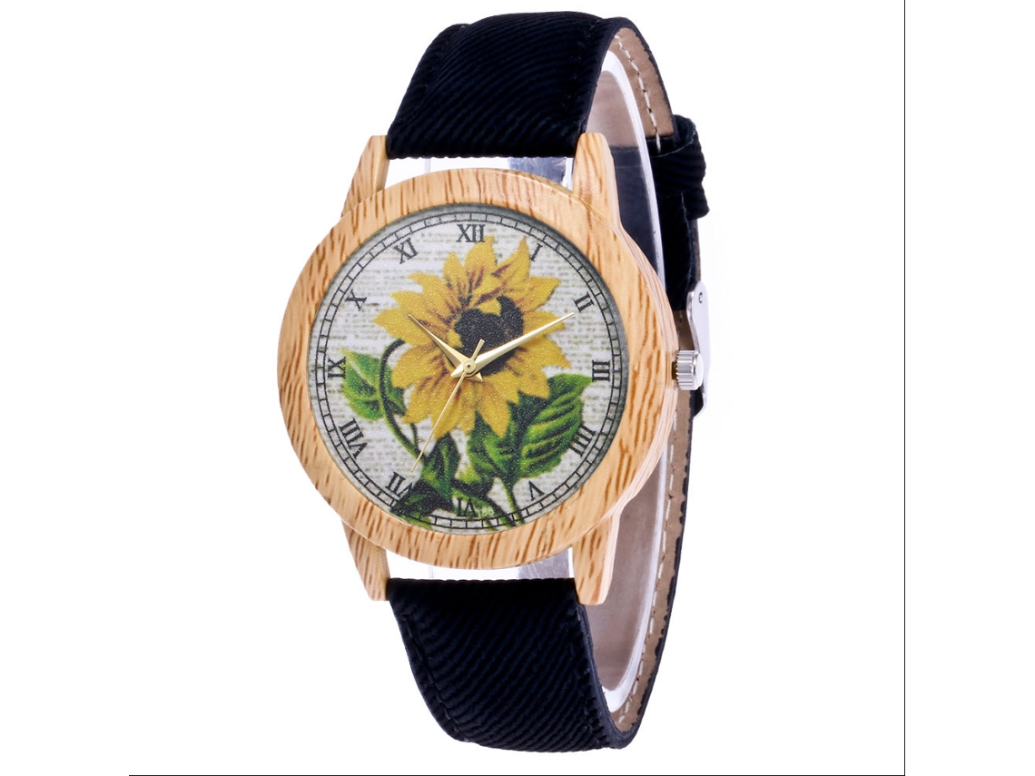 Relógio de Pulso Unisex com Pulseira de Jeans Girassol Quartzo Zhoulianfa Preto