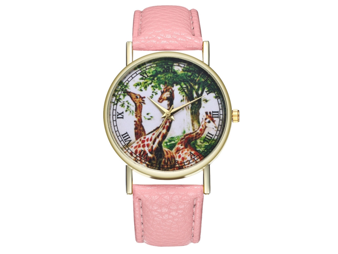 Relógio analógico de quartzo com estampa de girafa para homens e mulheres, pulseira de couro PU, rosa casual.