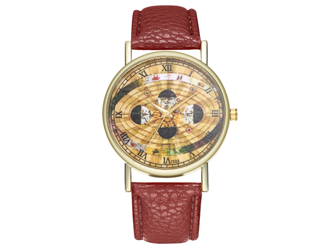Relógio de Pulso Quartz Zhoulianfa Padrão Espacial Dial Redondo com Pulseira Pu Café