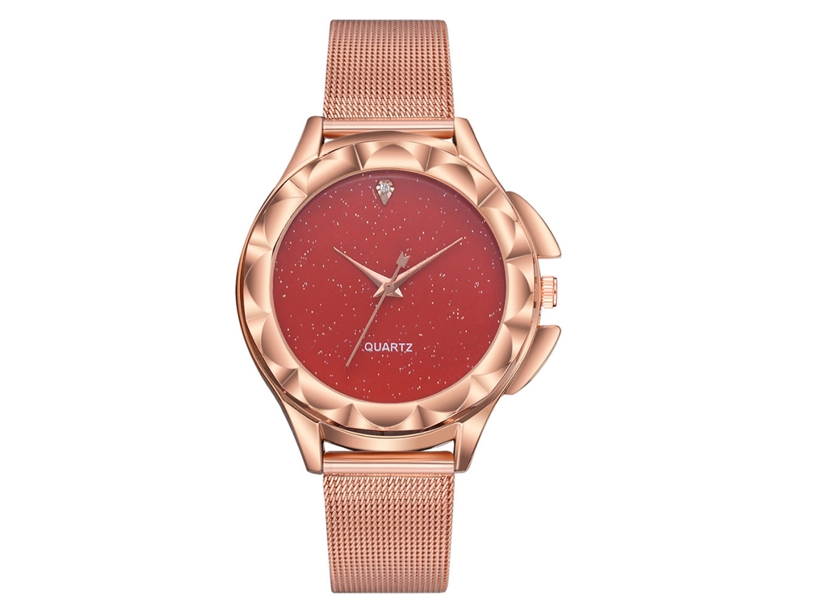 Relógio de Pulso Feminino de Quartzo com Pulseira de Malha e Strass Brilhante (vermelho)