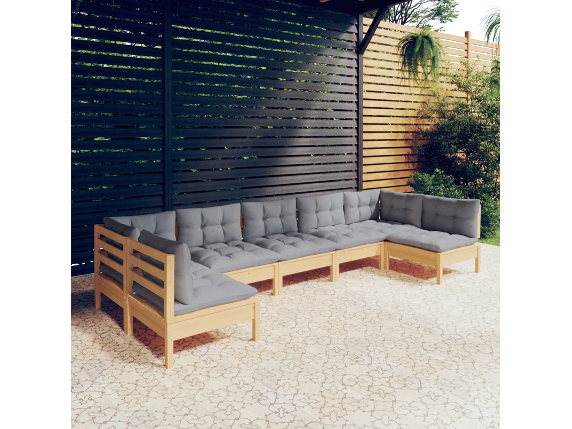 Conjunto 7 Peças Lounge De Jardim Almofadas Cinza Pinho Maciço Dkd Home Decor