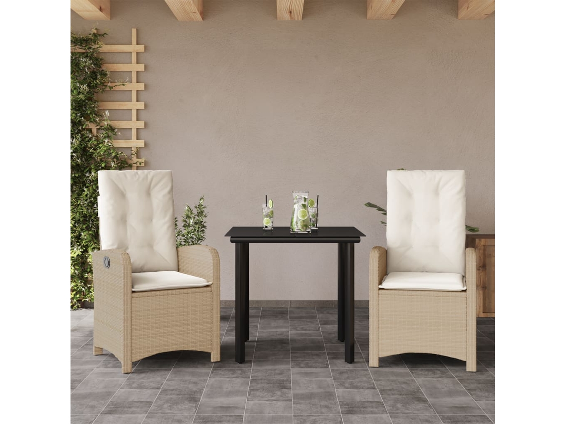 Vidaxl 3 Pcs Conjunto de Jantar P/ Jardim com Almofadões Vime Pe Bege