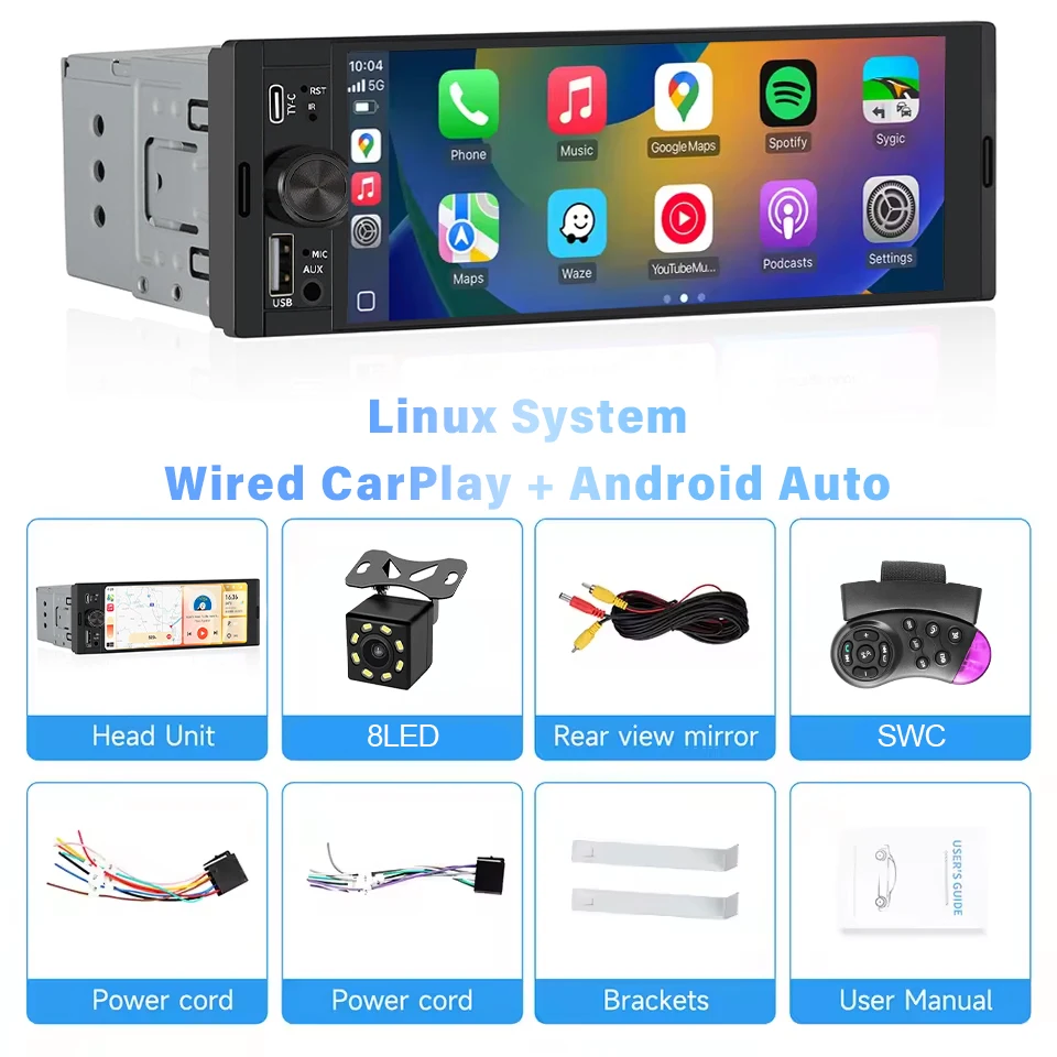 (com Fio - 8 Leds) Sistema Multimídia Automotivo Single Din, Estéreo Fm Com Carplay Sem Fio De 6,86 Polegadas.