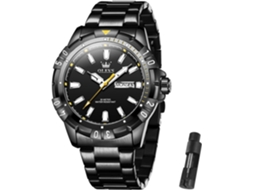 Lurelia Relógio Masculino, Modelo 9988, Movimento De Quartzo, Data/calendário, Detalhes Com Strass, Aço Inoxidável, Preto
