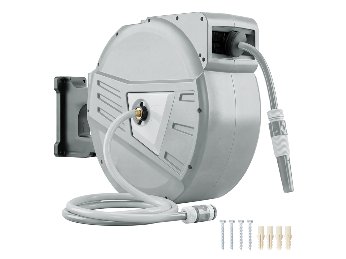 Carretel Mangueira Jardim Parede 40e 2m X Ø15mm Retrátil Automático com Giro180° Cinzento