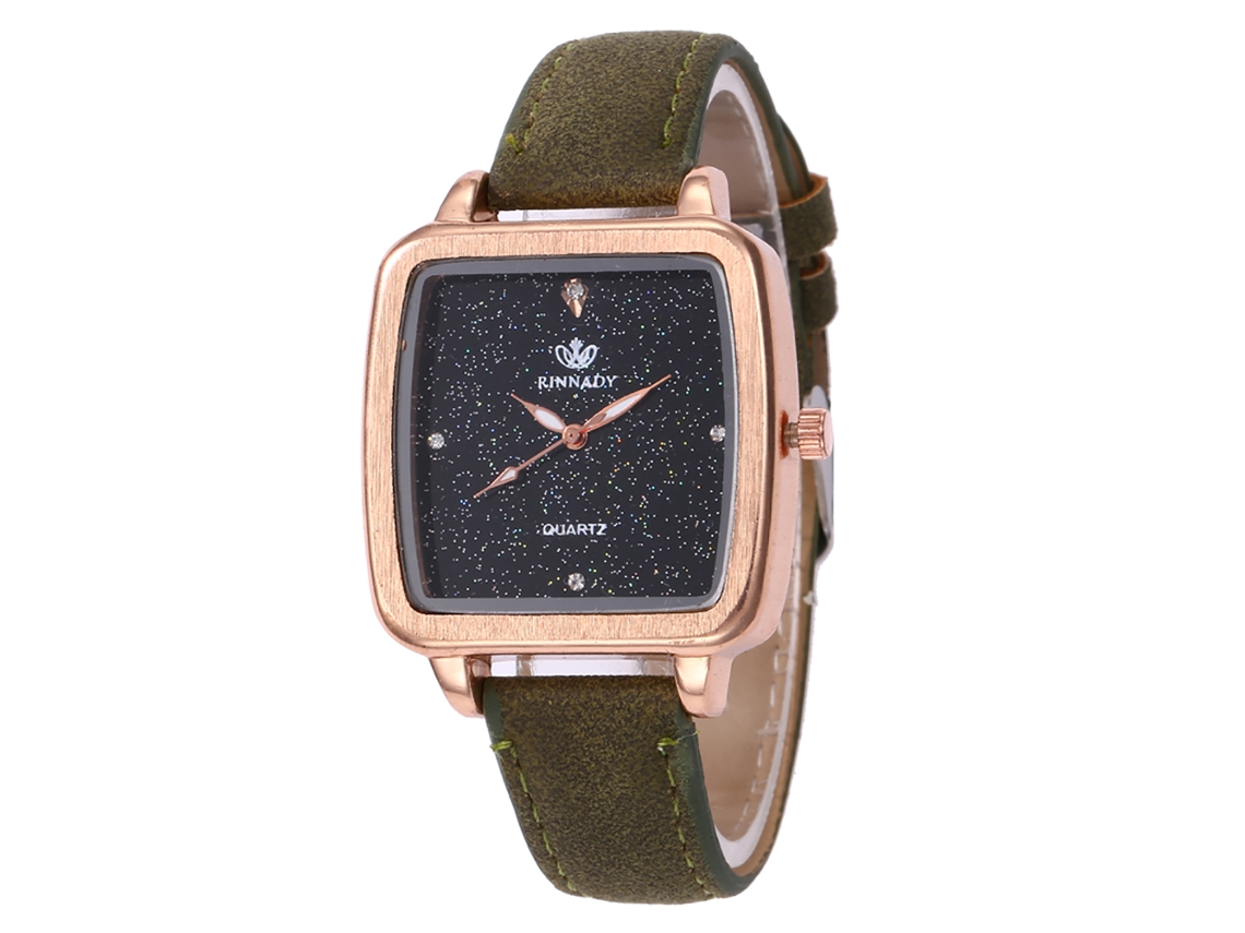 Relógio de Pulso de Quartzo com Pulseira de Couro Pu Estilo Simples Quadrado Verde Militar