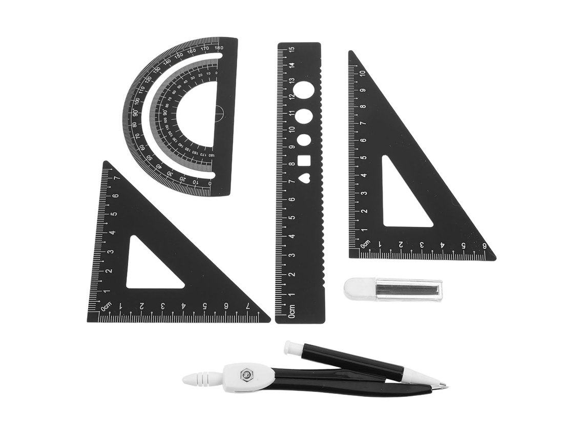 Conjunto De Régua Multiangular Em Liga Alumínio Preta Com Transferidor E Suporte, Fácil De Limpar, Durável Para Desenho