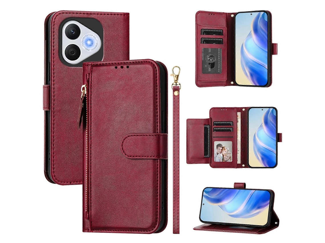 Capa De Celular De Couro Com Zíper E Compartimentos Para Vários Cartões