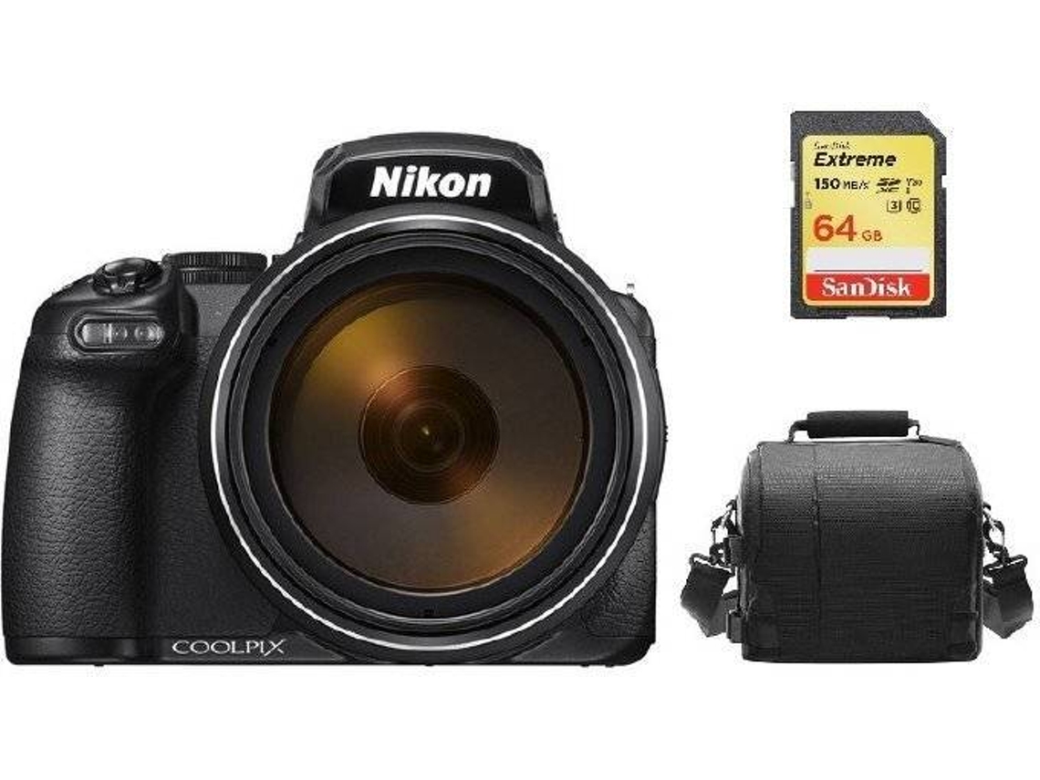Máquina Fotográfica Compacta, Bolsa e Cartão SD NIKON P1000 (Preto - 16 MP - Zoom Ótico: 125x)
