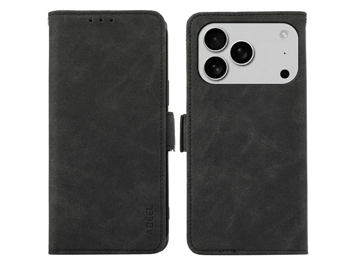 Capa Abeel Para Iphone 17 Pro Em Couro Sintético Com Suporte, Preta.