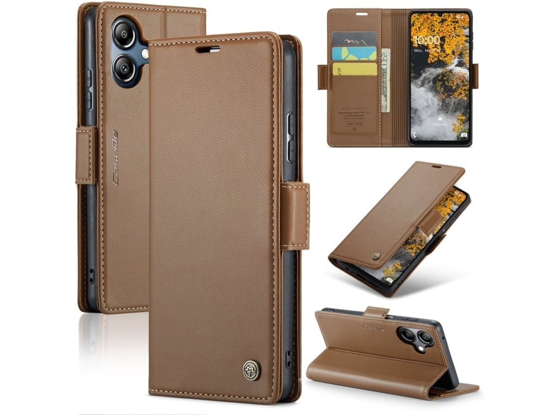 Capa Para Samsung Galaxy A07 De Couro Com Fecho Borboleta Textura De Lichia E Proteção Rfid Antirroubo Marrom