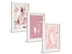 Composição De Quadros Rosas Champanhe, Fundo De Mármore Espelharte (3 Peças 20x30 Cm)