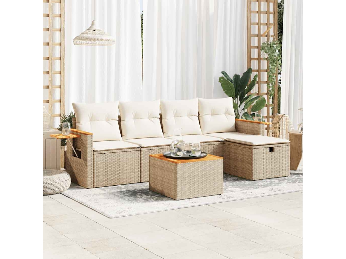 Vidaxl 6 Pcs Conjunto De Sofás P/ Jardim Com Almofadões Vime Pe Bege