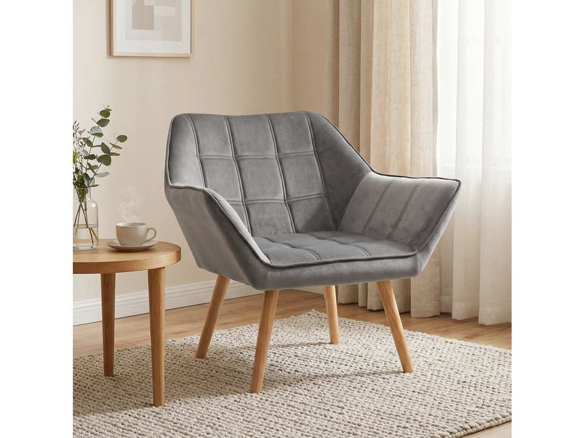 Poltrona Moderna Veludo Pés Madeira Cinzento