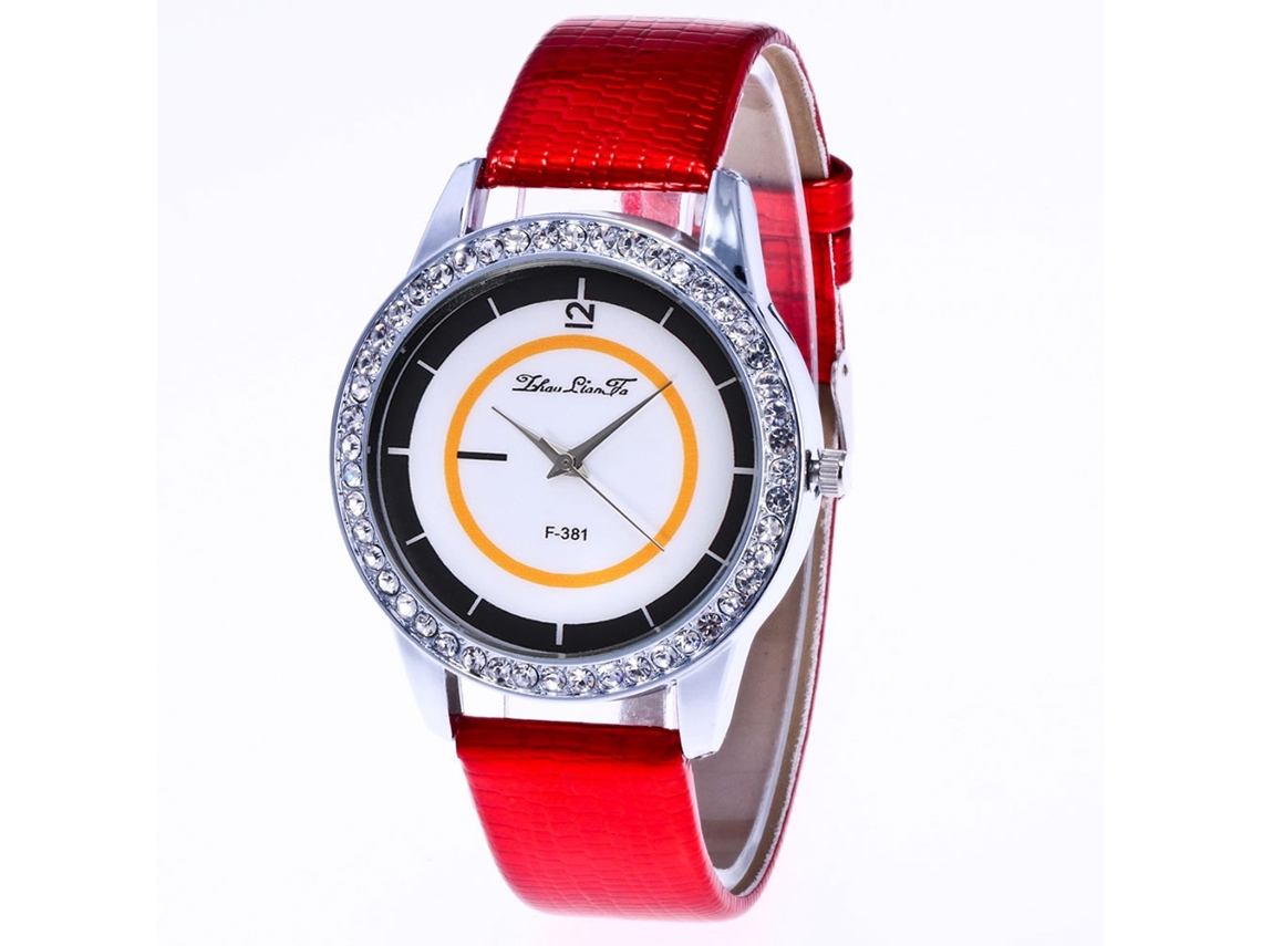 Relógio de quartzo unissex com pulseira de couro PU, strass, mostrador redondo, vermelho Zhoulianfa