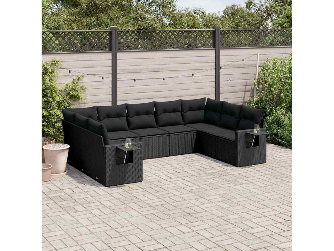 Vidaxl 9 Pcs Conjunto De Sofás P/ Jardim C/ Almofadões Vime Pe Preto