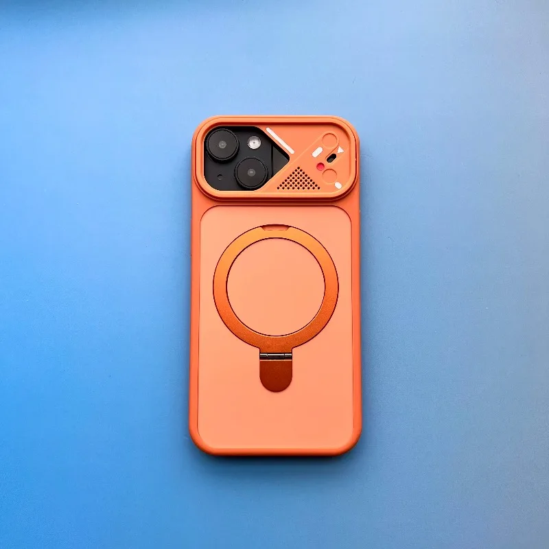 Capa Magnética Mecânica Dinâmica Para Celular (iphone 13 Pro Laranja), Com Suporte De Metal E Resistente A Impactos.