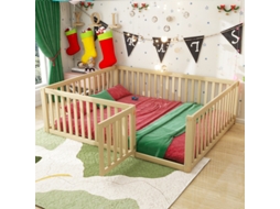 Cama Infantil LYYTUNG de Madeira com Grades de Proteção e Porta em Cor Natural (140x200 cm)