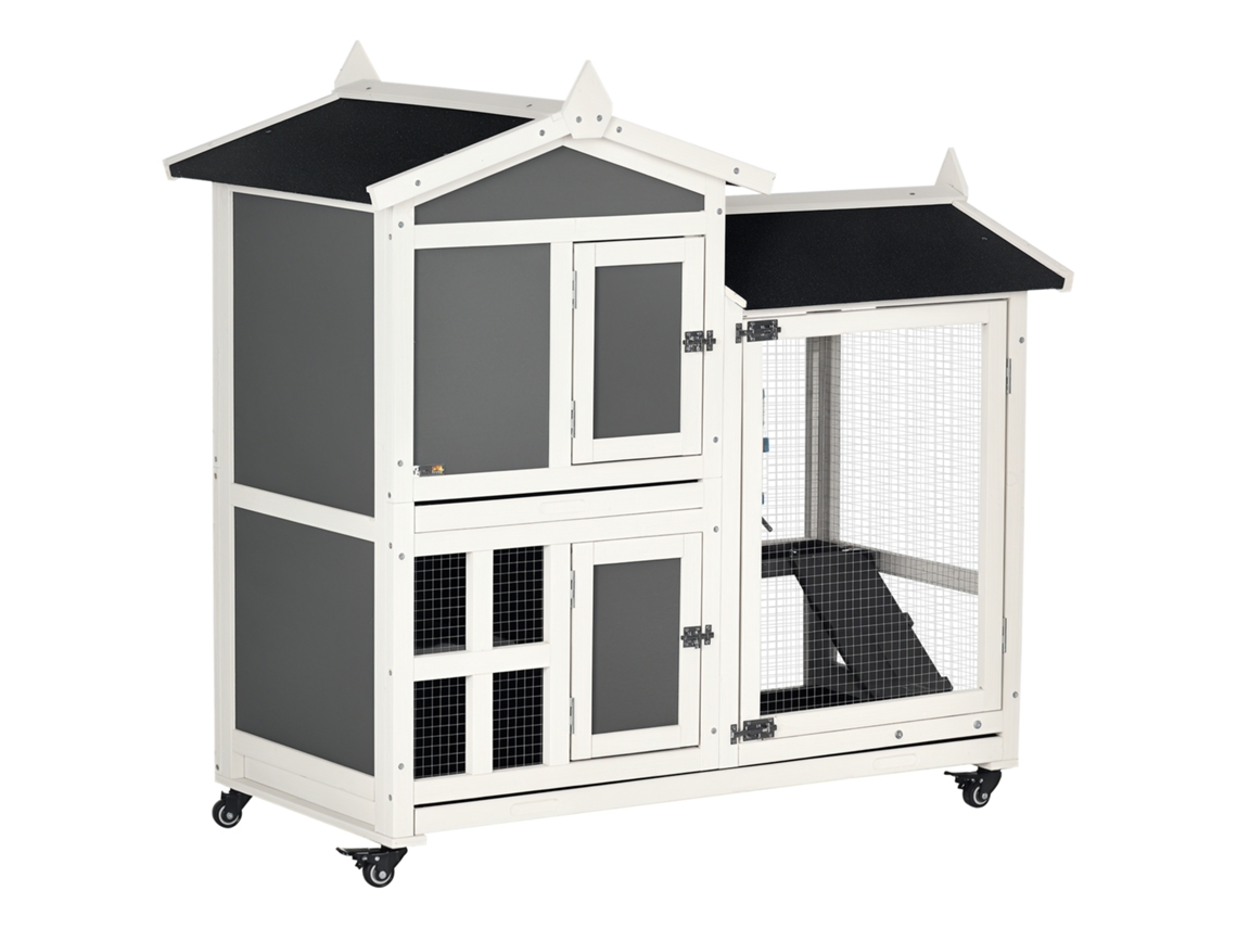 Gaiola de madeira para coelhos, para uso externo, com capacidade para 2 coelhos, bandeja removível e área de exercício, 110x60x104 cm