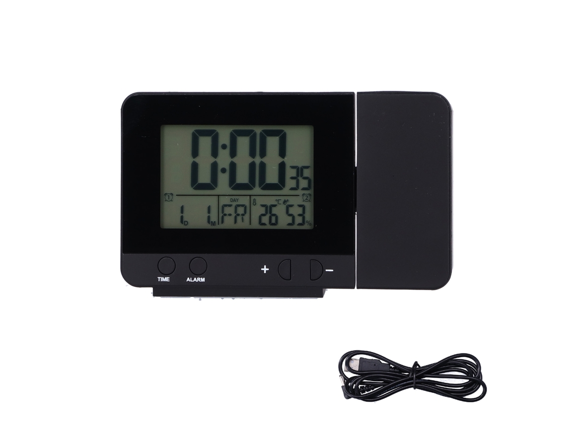 Relógio de projeção Baok preto com tela LCD, exibição de hora e temperatura, carregamento USB, multifuncional para casa.