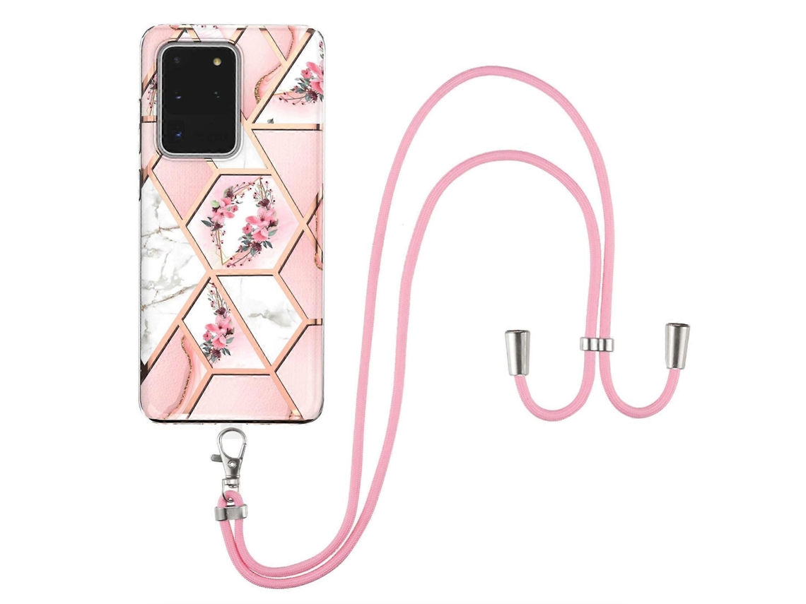 Capa De Tpu À Prova De Choque Com Cordão E Estampa De Flores De Mármore Galvanizadas Para Samsung Galaxy S20 Ultra