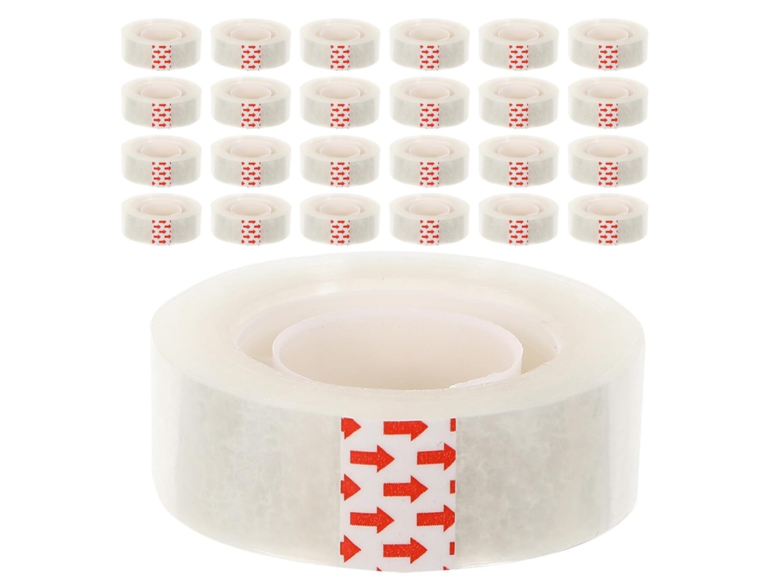 24 rolos de fita adesiva transparente, fácil de cortar à mão, material BOPP, alta aderência, ideal para uso doméstico.