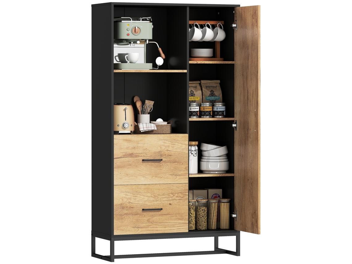 Aparador de cozinha moderno ZENCORE SERVICES com 2 gavetas, 2 prateleiras, armário, 88x35x160cm, madeira e preto