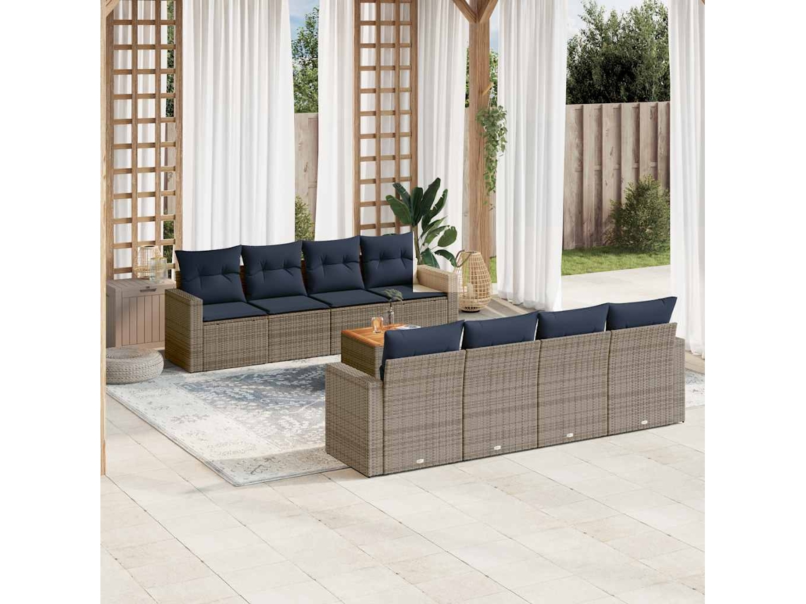 Vidaxl 9 Pcs Conjunto Sofás P/ Jardim C/ Almofadões Vime Pe Cinzento