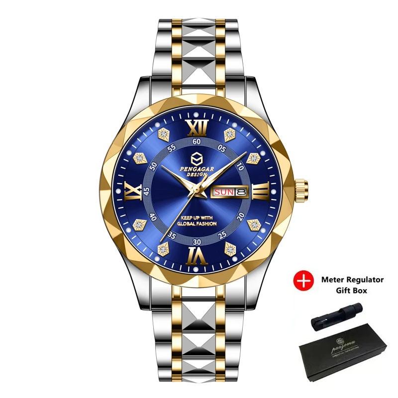 Relógio Bicolor (dourado E Azul) Com Mostrador Azul, Data E Dia Da Semana, Resistente À Água E Estilo Executivo.