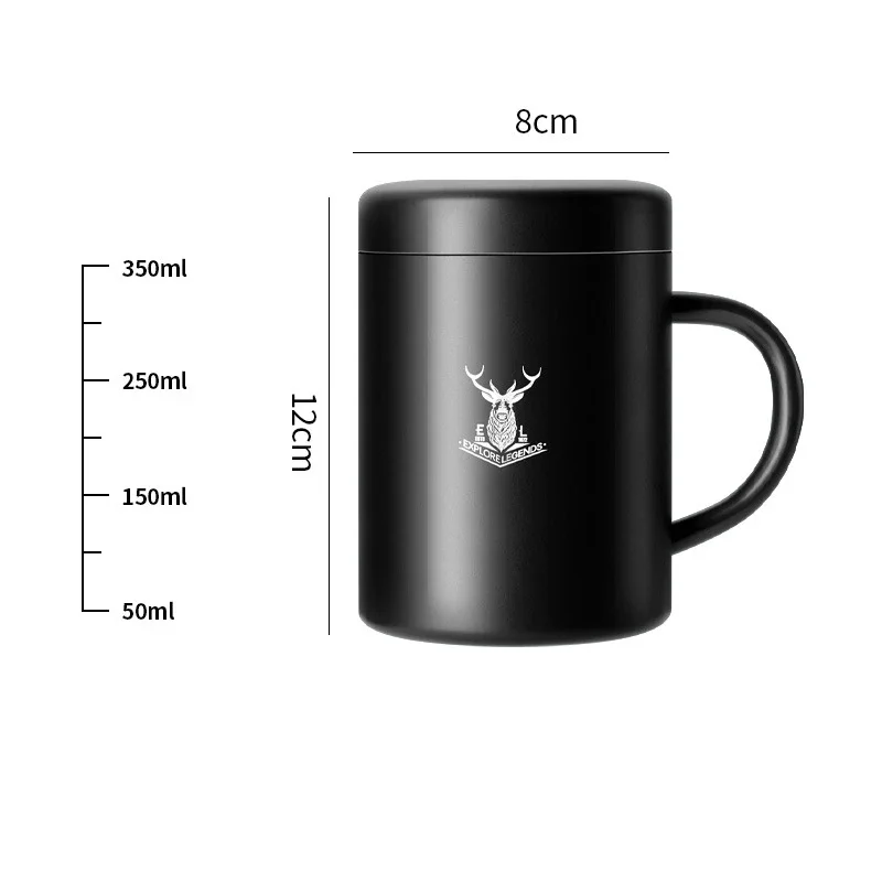 Caneca Térmica Preta de 350ml com Tampa, Copo de Café em Aço Inoxidável 304, Resistente a Quedas MDUG