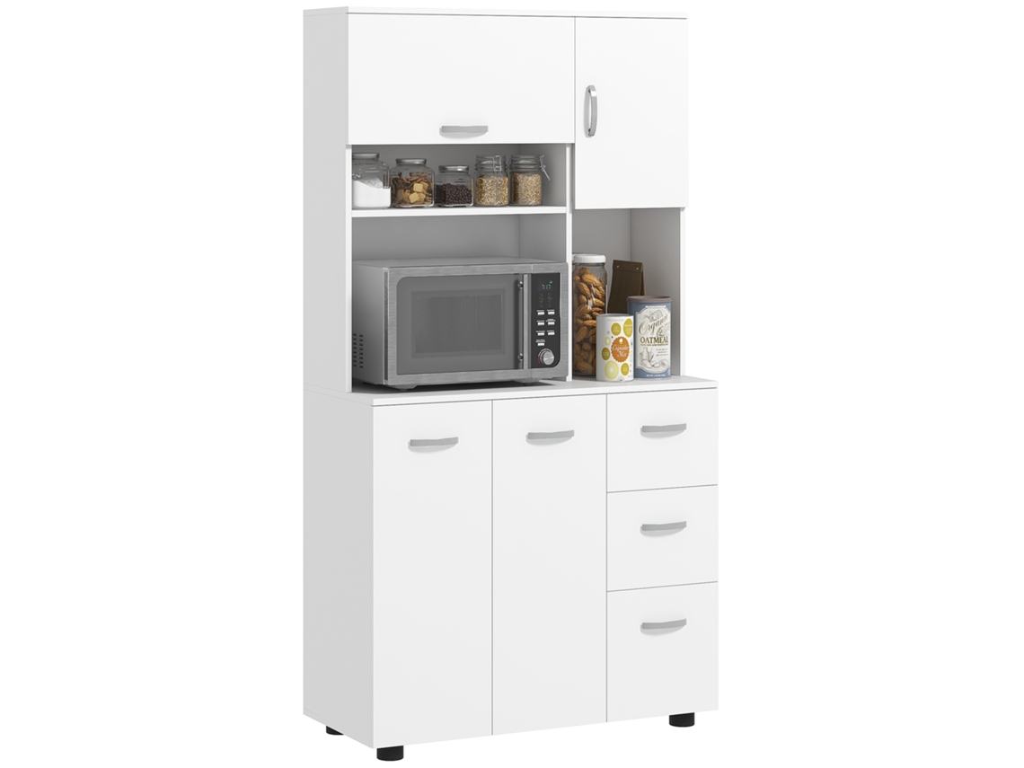 Armário De Cozinha Multi-passageiros 4 Portas 3 Gavetas Prateleira + Grande Bandeja 89l X 39,5l X 168h Cm Branco