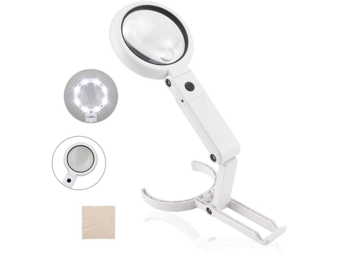 Lupa de Aumento 5x 11x com 8 Luzes Led e Suporte Dobrável, 75 Mm, Perfeita para Leitura, Artesanato, Reparos e Diversas Tarefas BRILVIBERA