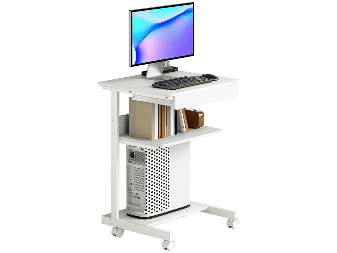 Mesa de computador com rodas, armazenamento, gaveta, compartimento, suporte para CPU, branca, 56x51cm | S/MARCA