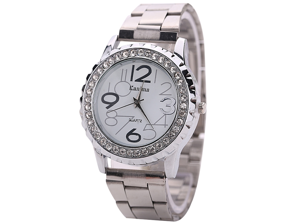 Relógio de Pulso Feminino de Moda com Pulseira de Aço e Strass Relógio Quartz Prata