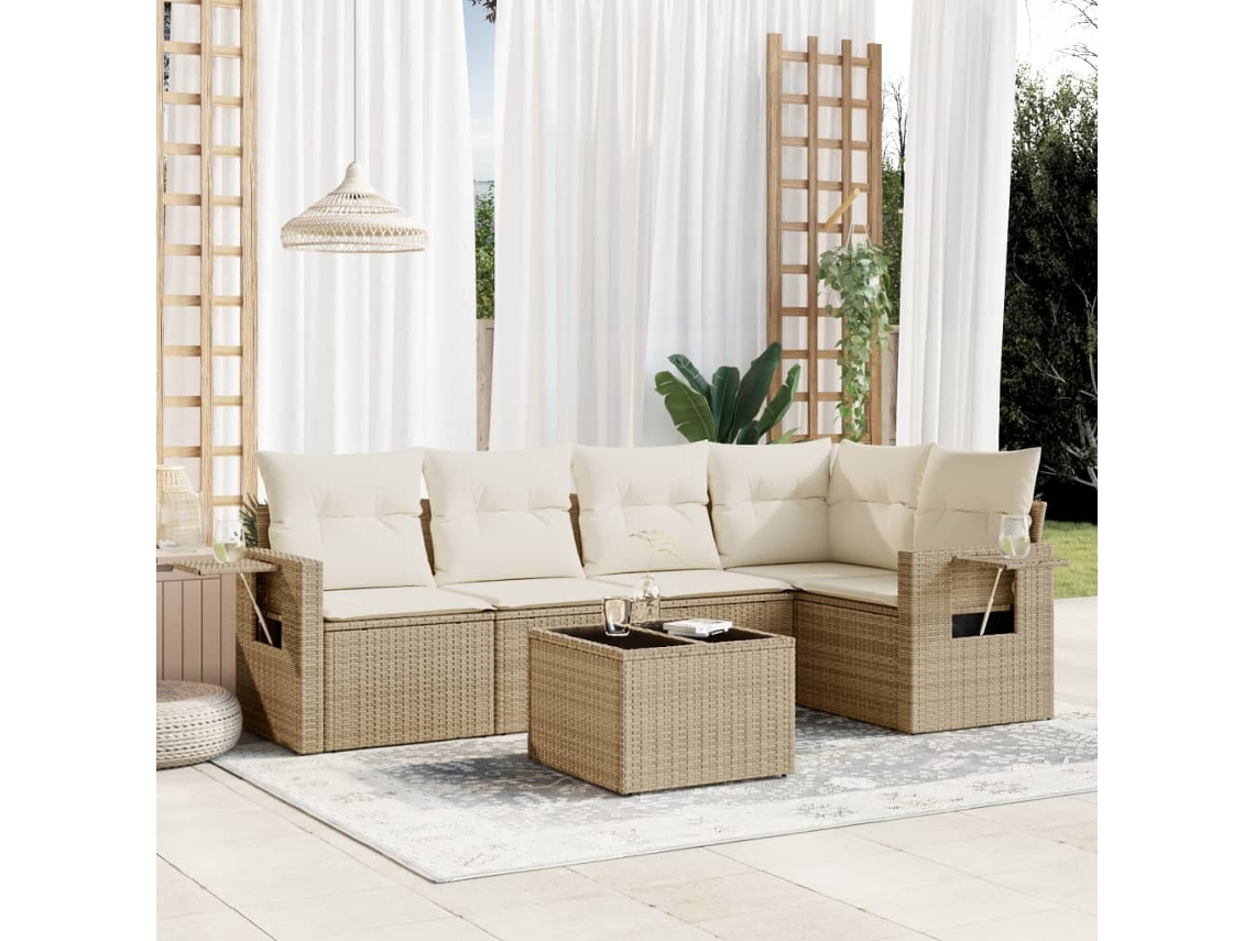 Vidaxl 6 Pcs Conjunto de Sofás P/ Jardim com Almofadões Vime Pe Bege