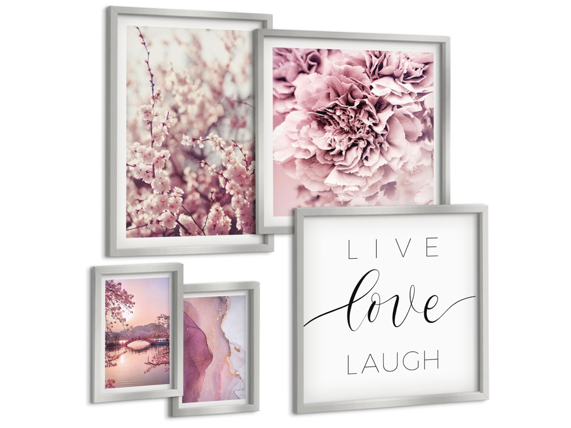 Conjunto De Pinturas Motivos Florais Frases Em Tom Pastel Espelharte (5 Peças)