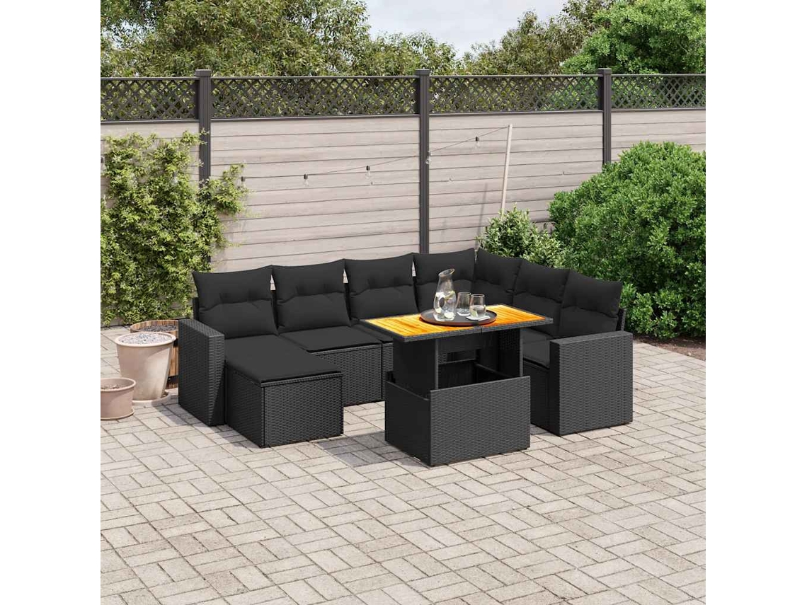 Vidaxl 8 Pcs Conjunto Sofás De Jardim Com Almofadões Vime Pe Preto