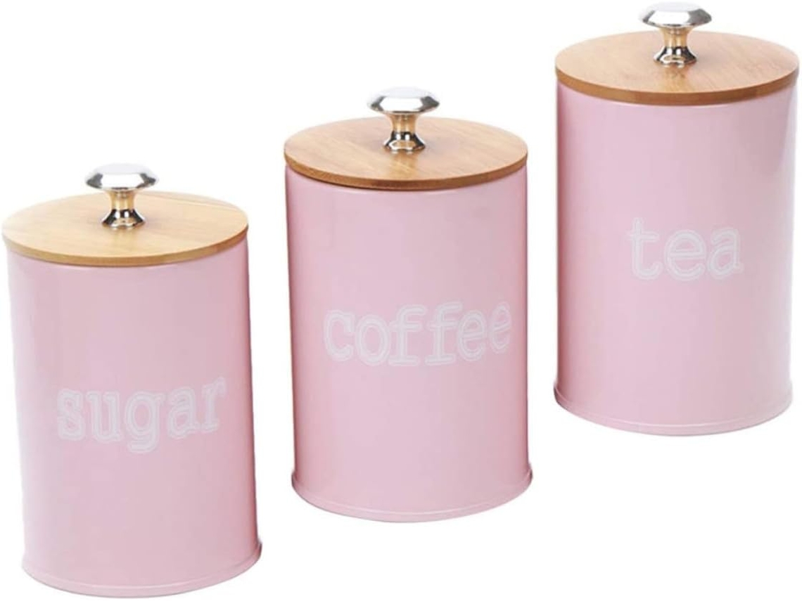 Conjunto De 3 Potes Herméticos Ferro E Bambu Rosa, Ideais Para Chá E Café, Perfeitos Para Armazenamento Na Cozinha E Uso