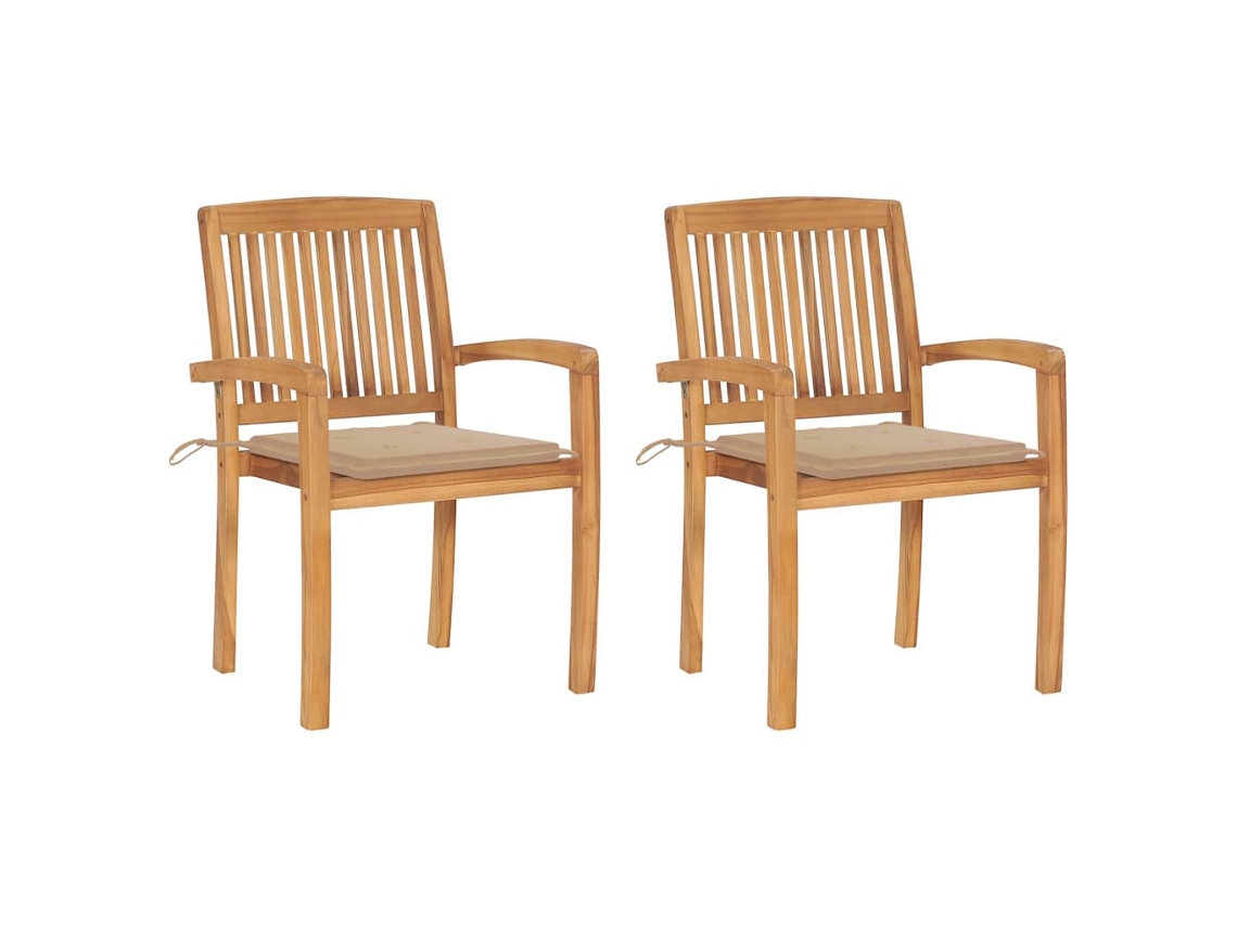 Vidaxl Cadeiras De Jardim C/ Almofadões Beges 2 Pcs Teca Maciça