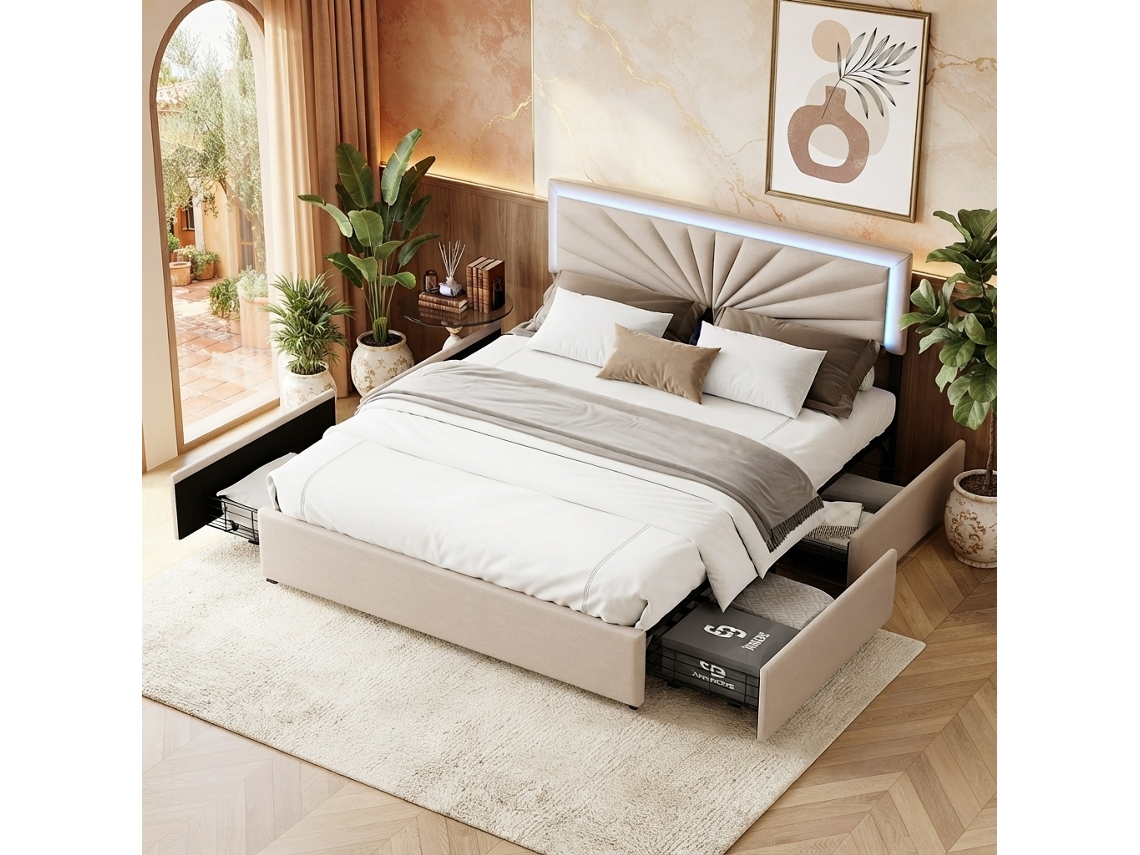 Cama De Casal De 160 X 200 Cm Com 4 Gavetas, Cabeceira Com Fita De Led, Cama Estofada Com Amplo Espaço De Arrumação, Em Linho, Cor Bege,simurq