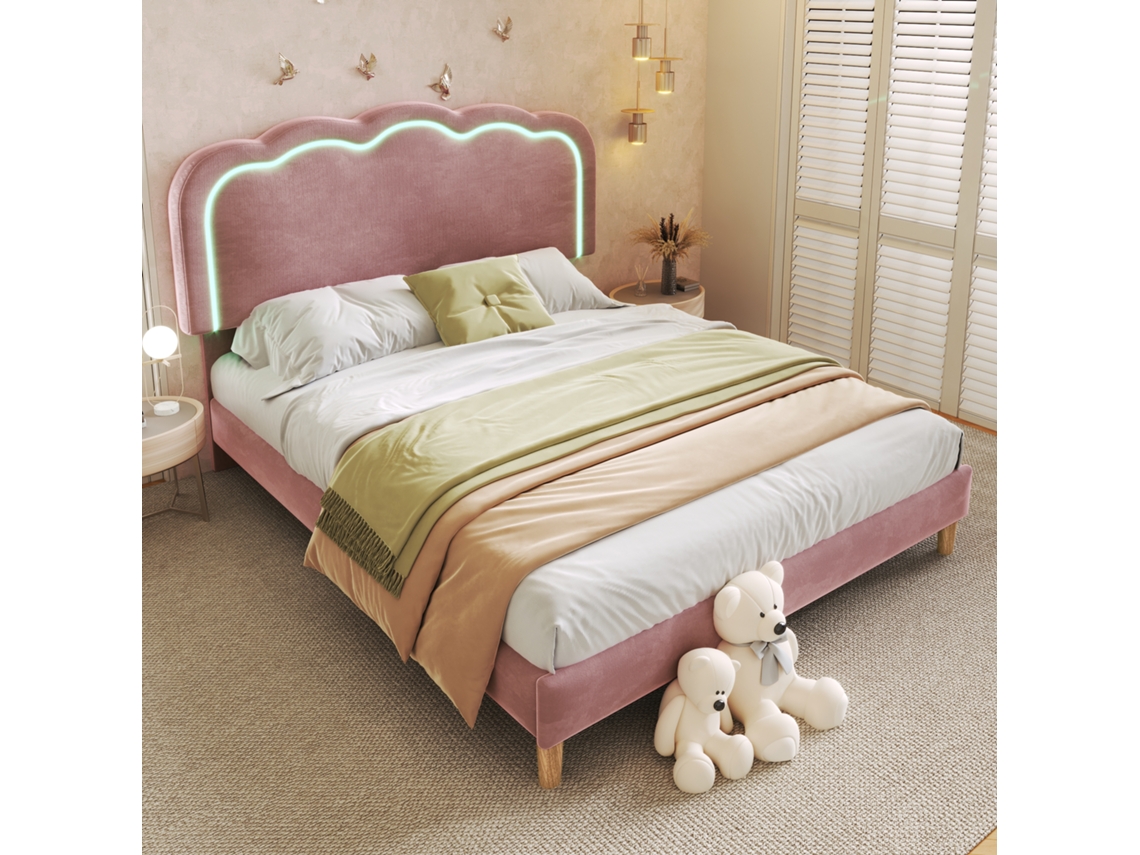 Cama Box Led 140x200cm Rosa Com Base De Lamas E Cabeceira Ajustável