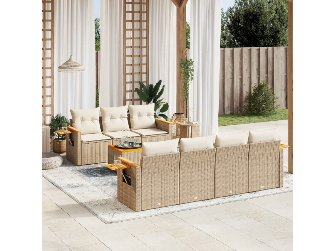Vidaxl 8 Pcs Conjunto De Sofás P/ Jardim Com Almofadões Vime Pe Bege