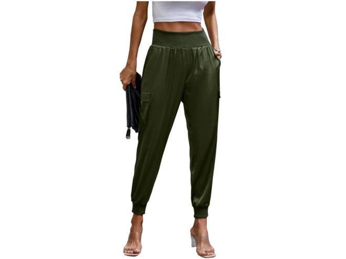 Calça Jogger Feminina de Seda 2026, Casual, Cintura Alta, com Bolsos, Luxo, Tamanho M, Verde Militar