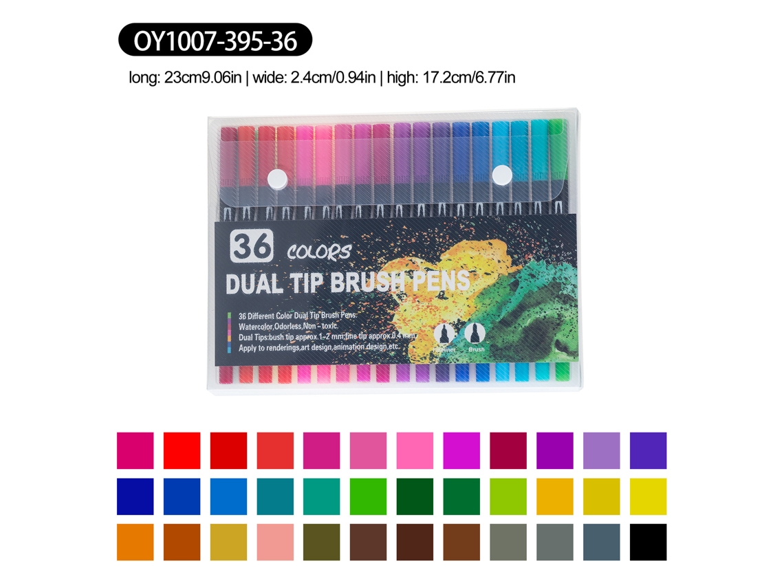 Conjunto de Canetas Aquarela com Ponta Dupla, 36 Cores, Haste Preta, Estojo de Pvc AQUAFORGE
