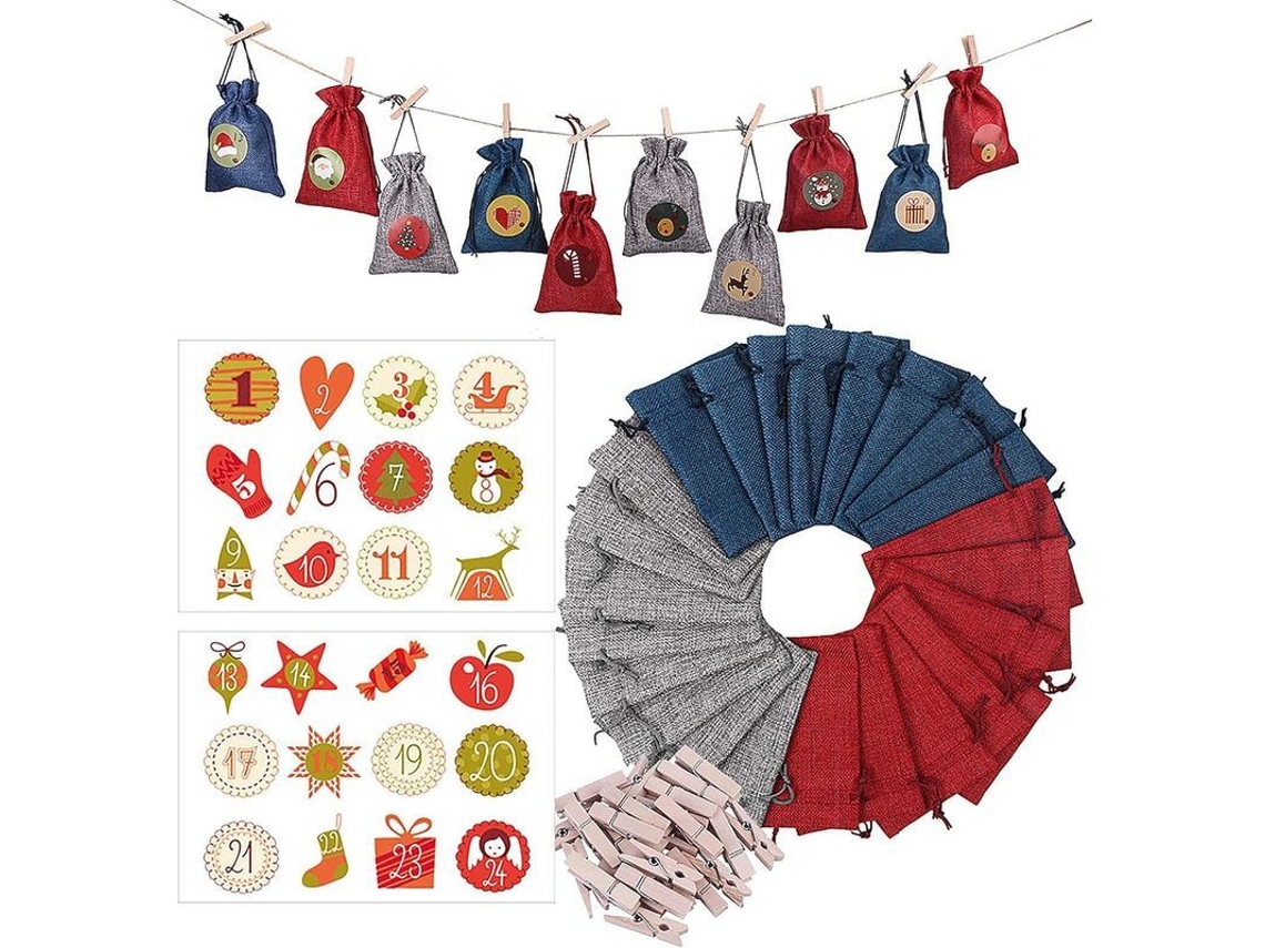 Conjunto De 24 Bolsas De Linho Natalinas Com Cordão - Bolsas De Presente - Bolsas Para Doces Com Clips E Corda