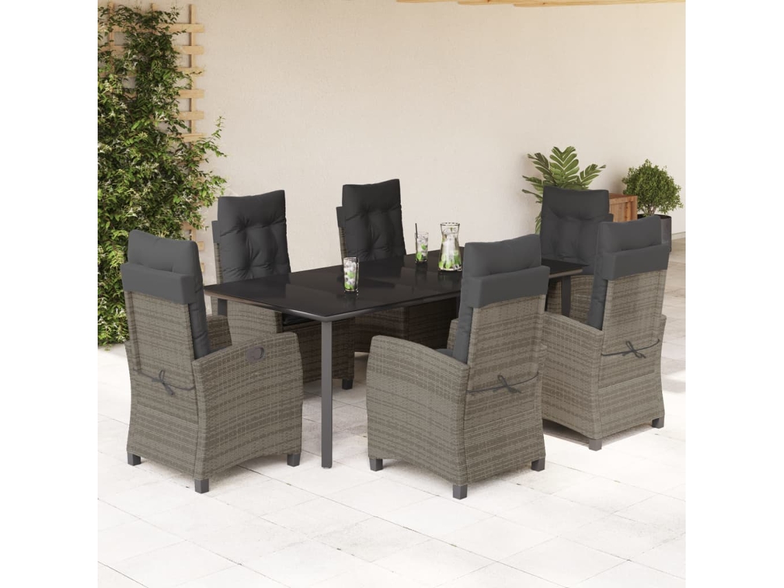 Vidaxl 7 Pcs Conjunto De Jantar P/ Jardim C/ Almofadões Vime Pe Cinza